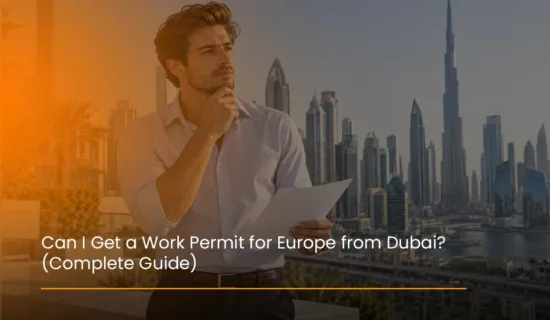 Dubai professional reviewing documents for a Europe work permit application