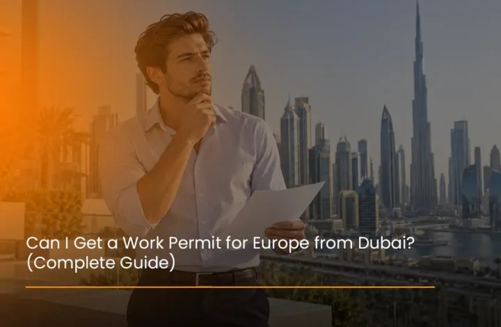 Dubai professional reviewing documents for a Europe work permit application